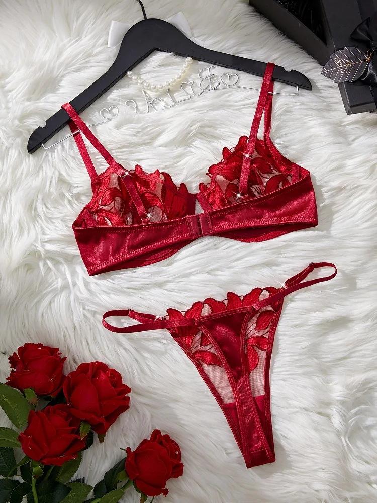 Sexy Lingerie 2 Pieces Delicate Embroidery Fancy Underwear Women Fantasy Bra Kit Translucent Erotic Set Wine Red Sexy Underwear