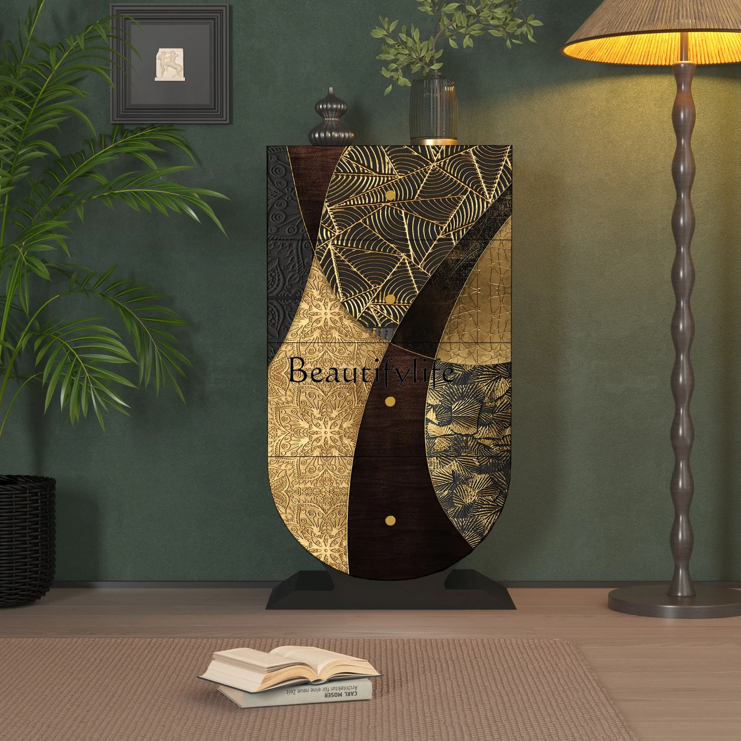 

Retro hotel painted solid wood four-chest cabinet, living room, homestay integrated storage cabinet against the wall