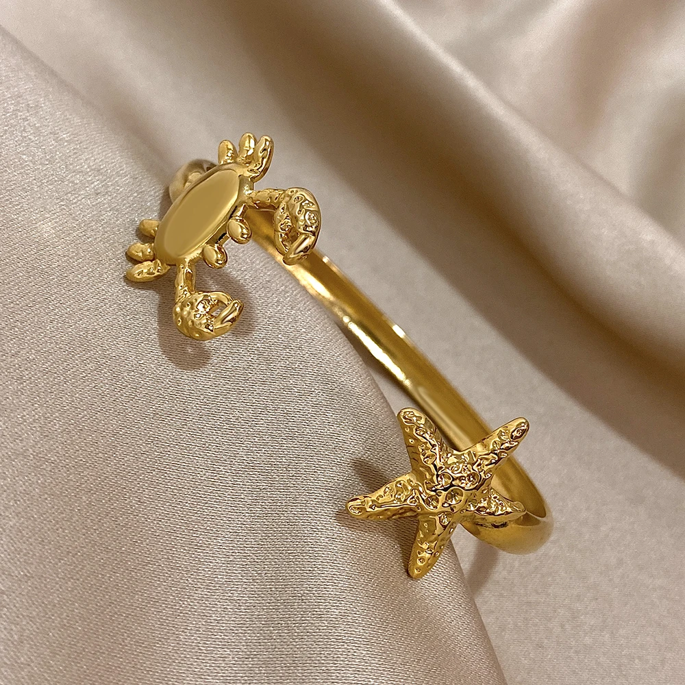 Greatera كراب نجم البحر سوار مفتوح لون ذهبي الفن التصميم الأصلي الفولاذ المقاوم للصدأ الرجال النساء الكفة الإسورة ملابس المجوهرات الطرف