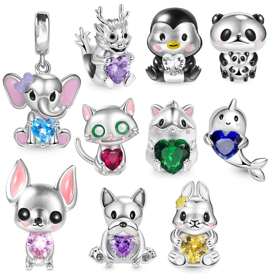 NEW Cute Rabbit Dragon Panda & Narwhal Embraces Heart Charm Bead Fit Original 925 Sterling Silver European Bracelet Jewelry Gift