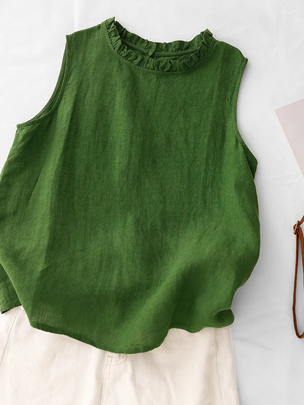 Japanese Style Lazy Green Shirt Collar Splice round Neck Women's Top Summer New Age Reduction White Sleeveless Cotton Blend