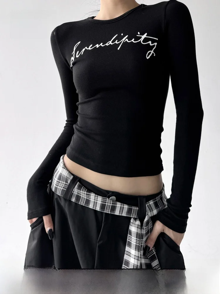 

Женская футболка NZNB Slim Fit с круглым вырезом и длинными рукавами, с вышивкой в виде букв, повседневная, укороченная