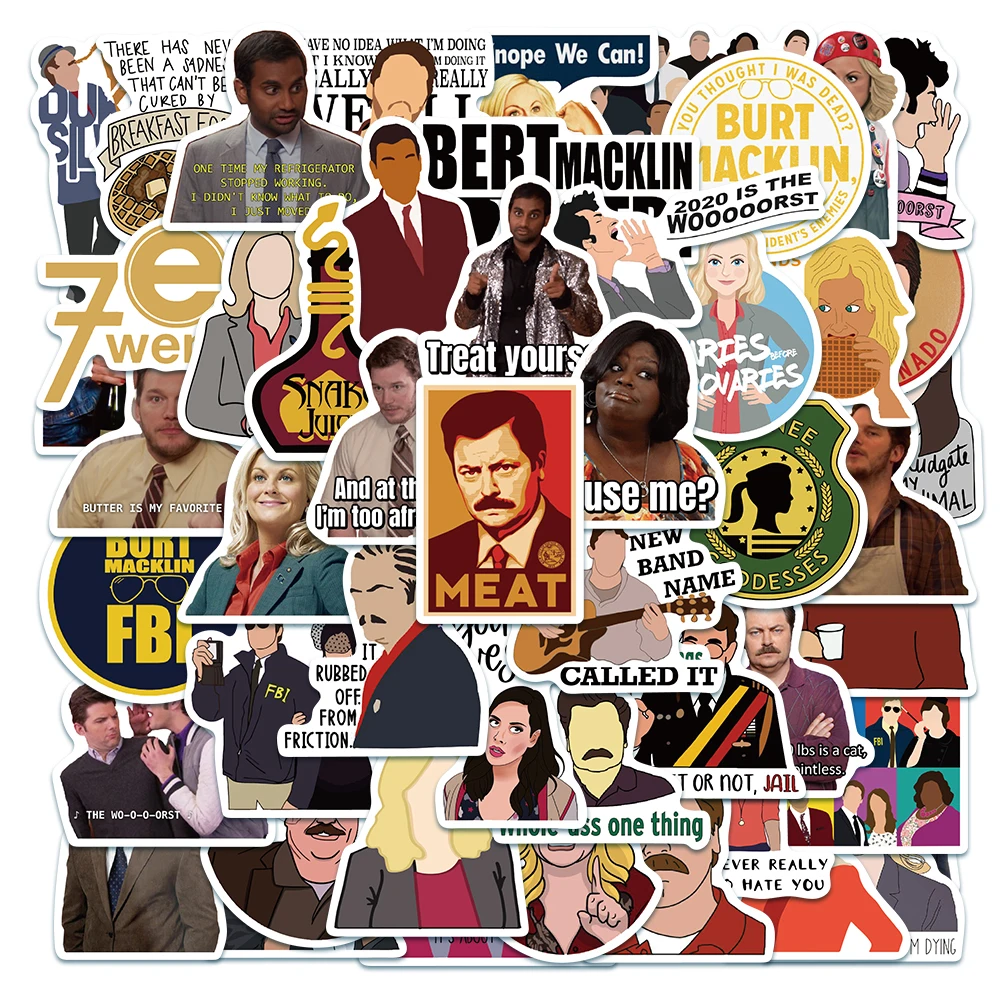 50pcs Parks and Recreation TV Show Stickers Graffiti Decals Laptop Luggage Guitar Fridge Skateboard Stationery Stickers