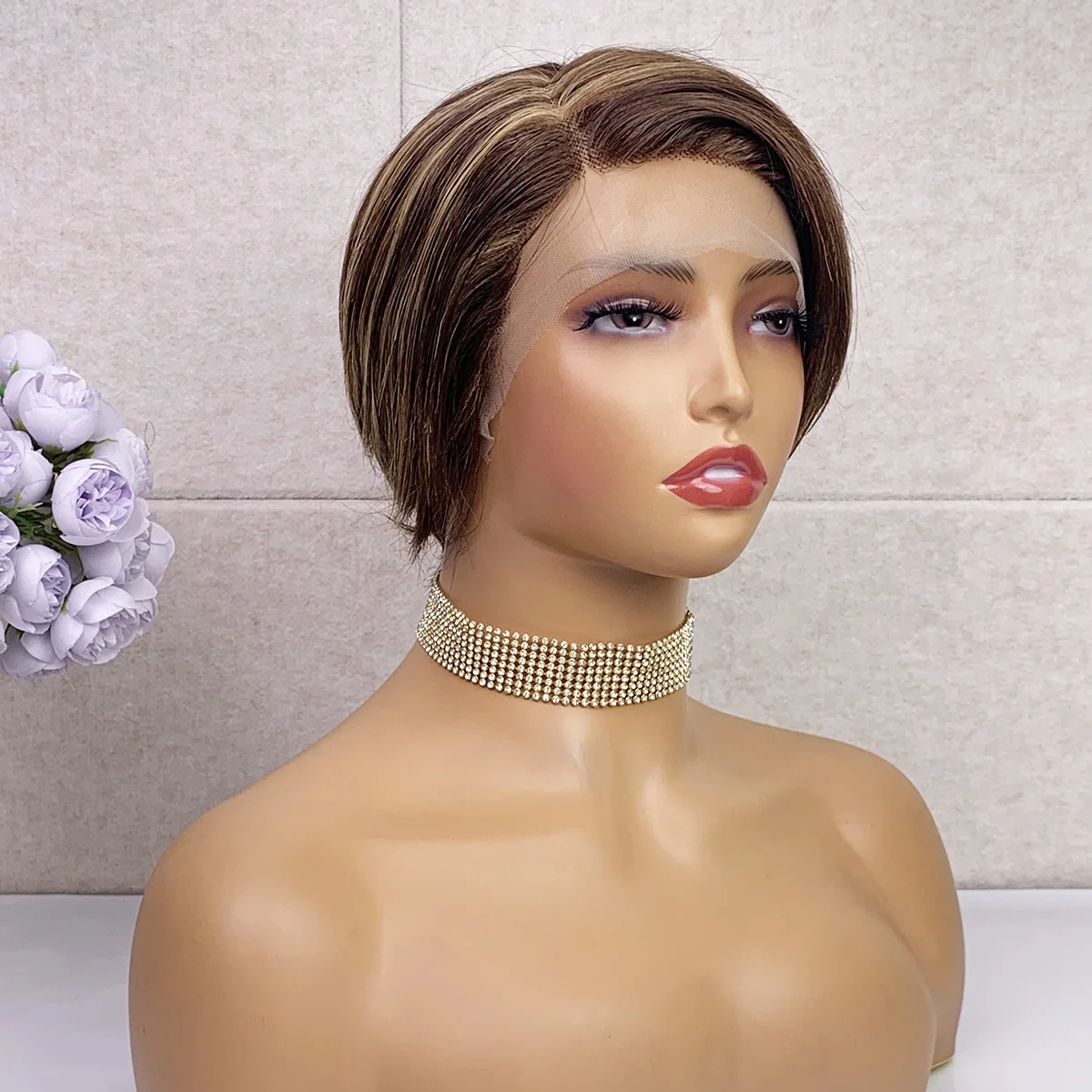 Sassoon-Perruque Bob Lace Closure Wig Naturelle, Cheveux Courts, Coupe Pixie P4/27, 6 Pouces, 100% Cheveux Humains