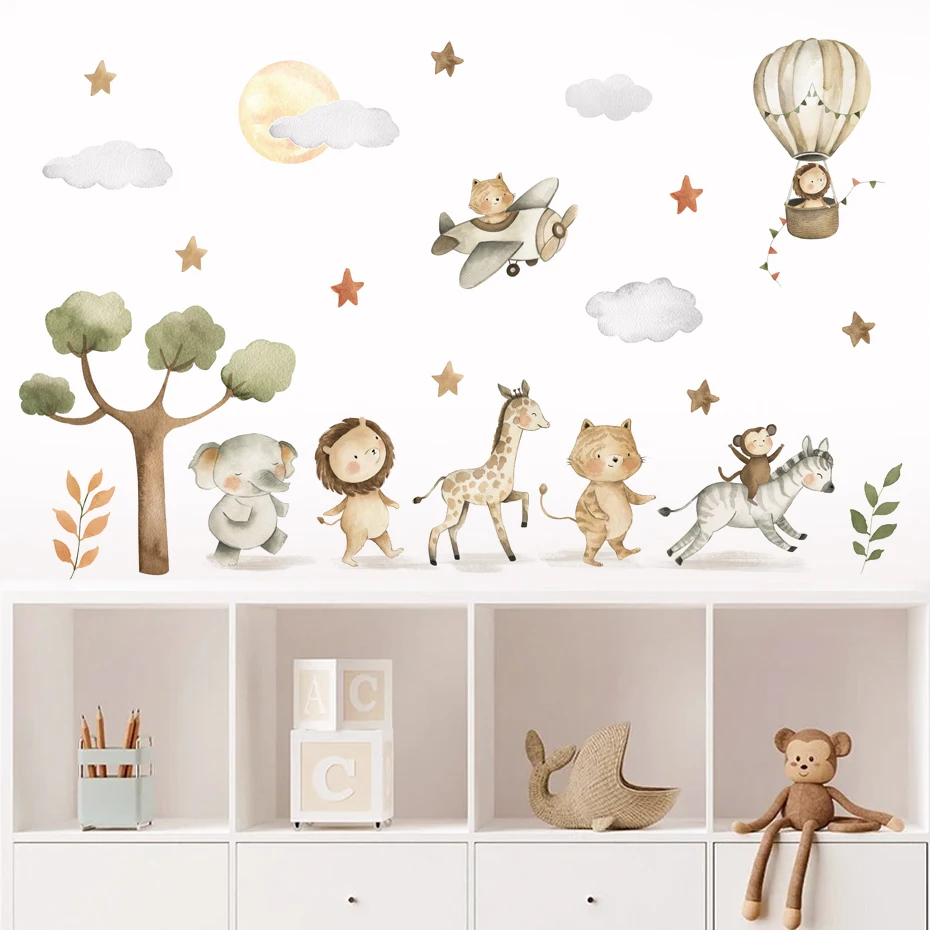 Watercolor Cartoon Cute Animals Wall Stickers Elephant Giraffe Tiger Tree Kids Room Wall Decals Decorative Sticker for Wall