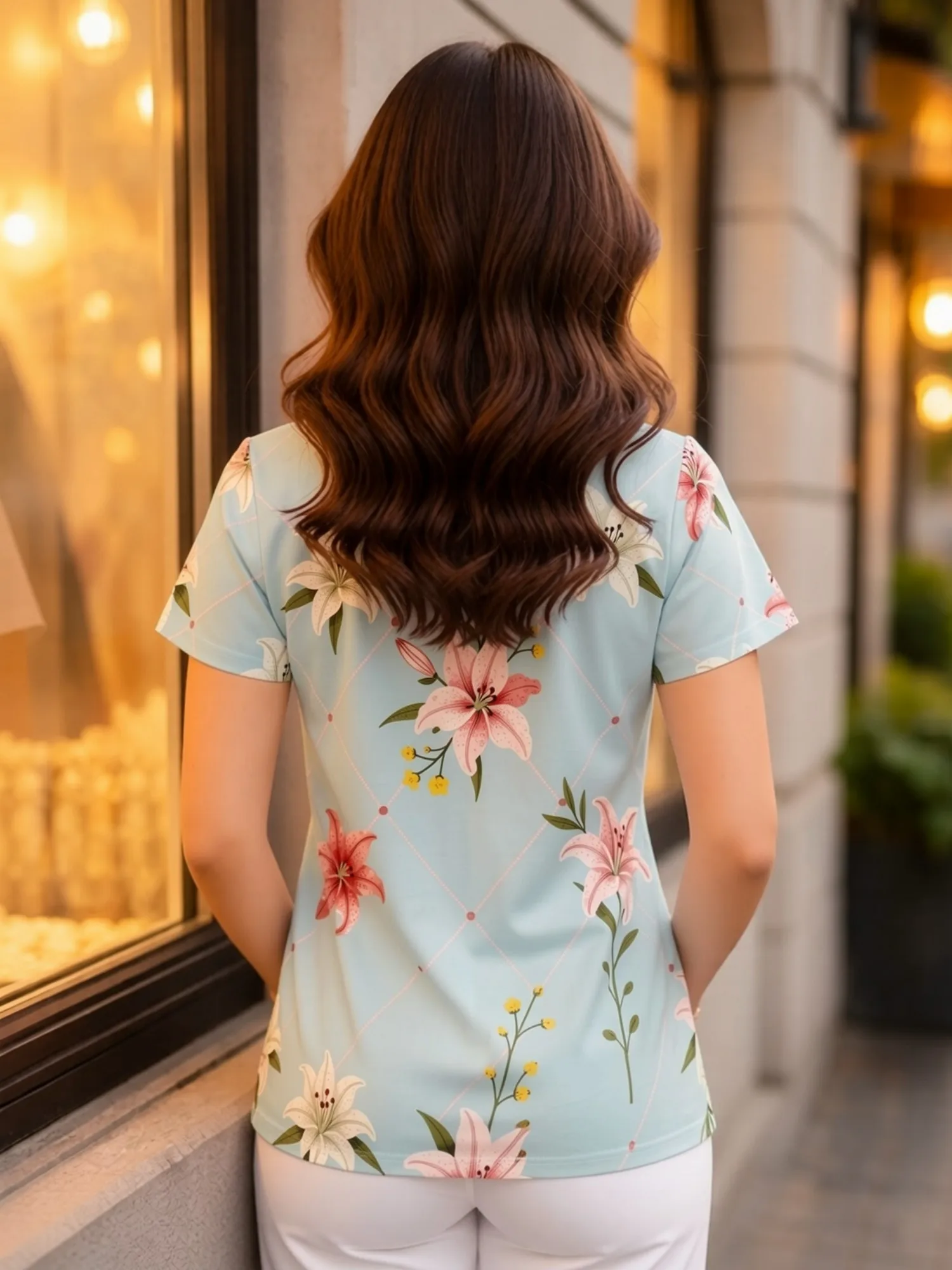 Ladies Modern V Neck Floral Design Medical Scrub Top Designed With Front Pockets Casual Work Style Comfortable Fit For Home Care