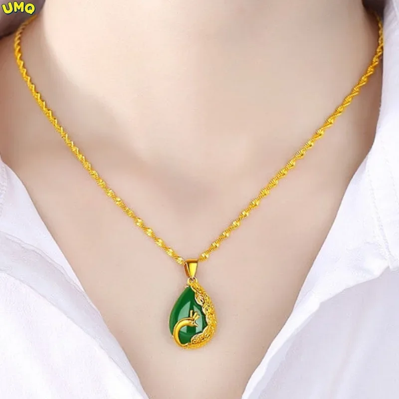 

Laos plated 100% real gold 24k 999 inlaid red green chalcedony corundum 24k pendant collar chain necklace 18K gold jewelry