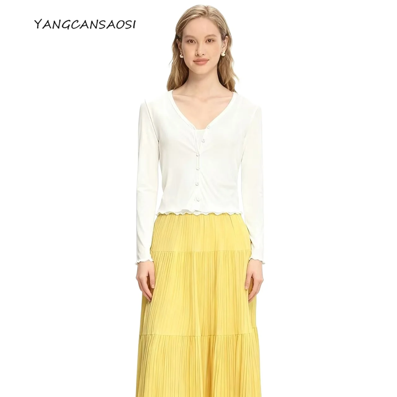 

Women's Autumn Clothing French V-neck Cardigan Loose Natural Mulberry Silk Long Sleeved Solid Color Jacket Knitted Cover Shirt