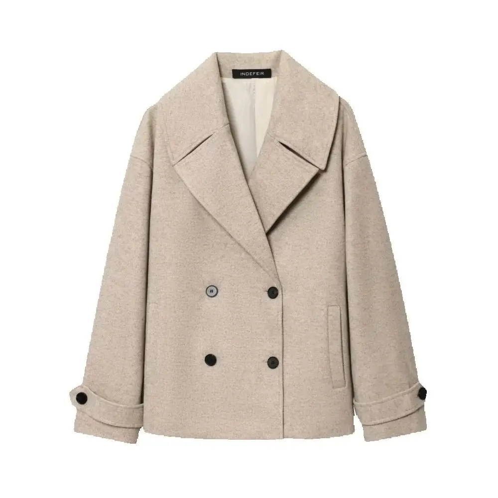 

Women's Blended Loose Top with Collar Long Sleeve Double breasted Button Pocket, Autumn and Winter New Style Hairy Shor