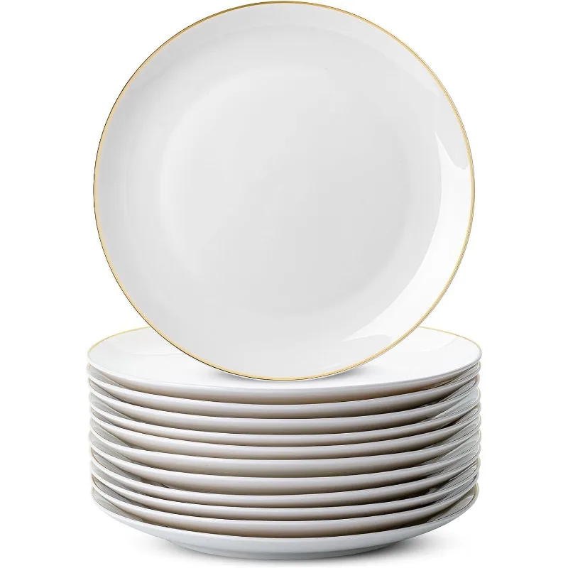 White Porcelain Dinner Plates, Set of 12, 10.5