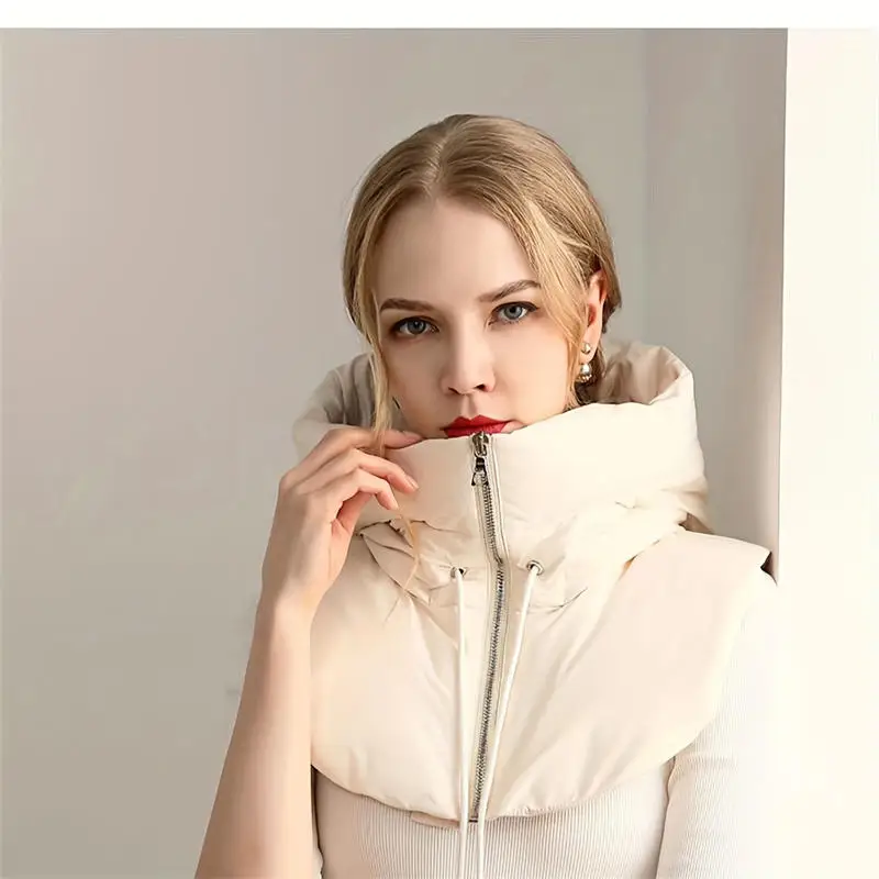 Winter Hooded Shawl Hat Drawstring Removable Neck Scarf Balaclava Zipper Ear Protection Windproof Unisex Cap