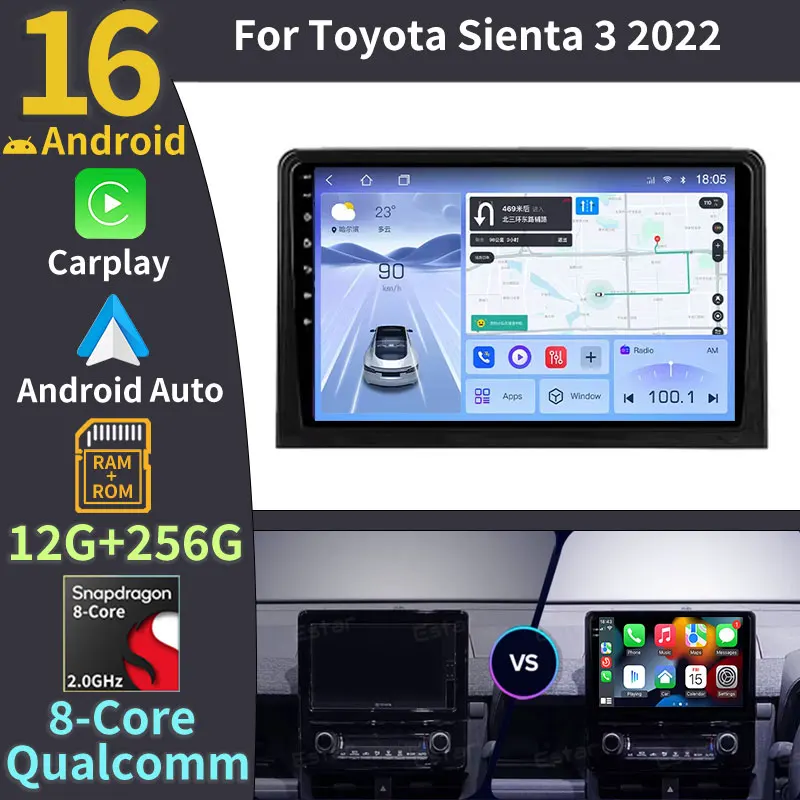 For Toyota Sienta 3 2022 Android 16 Wireless Carplay Auto Octa Core 2din DTS Stereo DSP QLED GPS BT Multimedia Video Player RDS