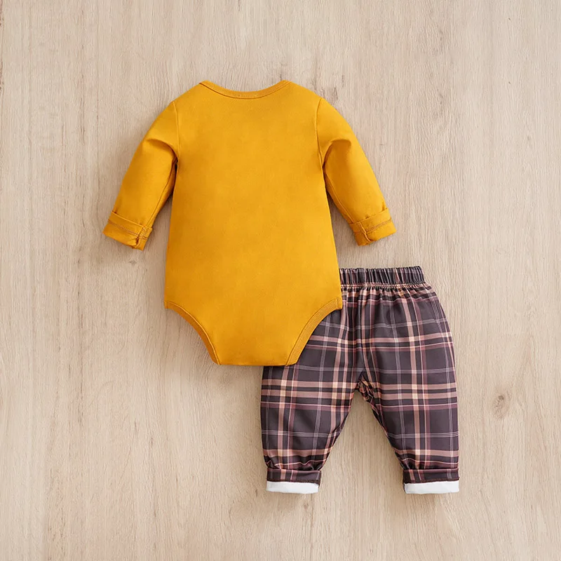 Solid color jacket+Plaid printed pants long sleeve cotton fashion set，0-18 months Newborn Baby boy Spring and Autumn Round Neck