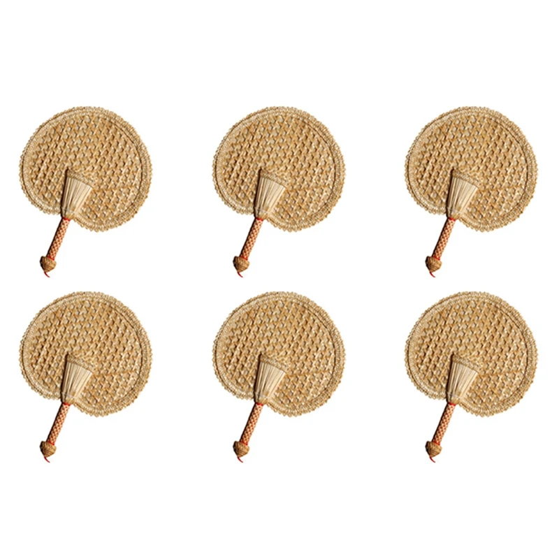 

6X Hand-Woven Woven Straw Hand Fan Old Summer Natural Hand Fan Environmentally Friendly Hand-Woven Round Fan