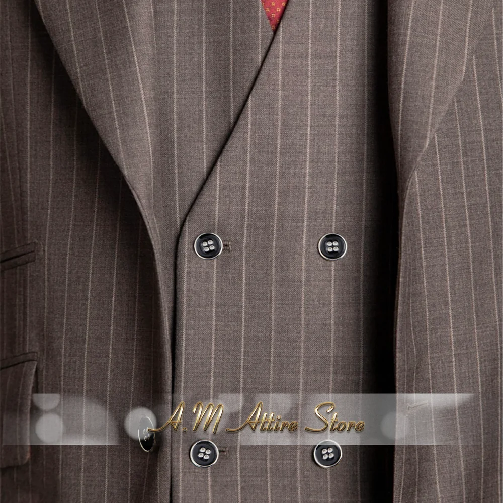 Men's Grey Suit 3-pcs Peak Lapel Jacket Vest Pants Formal Slim Fit Retro Striped Regular Set for Wedding Dinner Party Show Gift