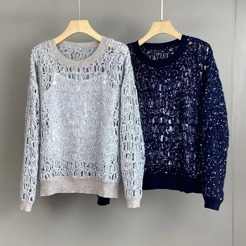 

Ladies sequined round neck long sleeve sweater, fashion openwork pullover, high quality coat, autumn, new style, 2025.