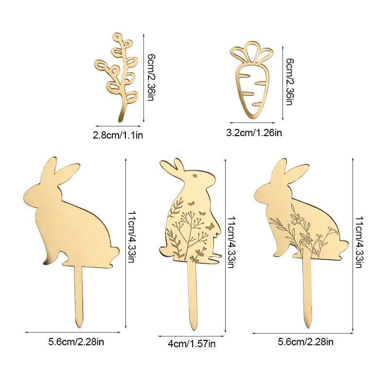 5Pcs Easter Cute Bunny Cake Decoration Gold Acrylic Rabbit Carrot Cupcake Topper Happy Easter Party Dessert Decoration Kids Gift