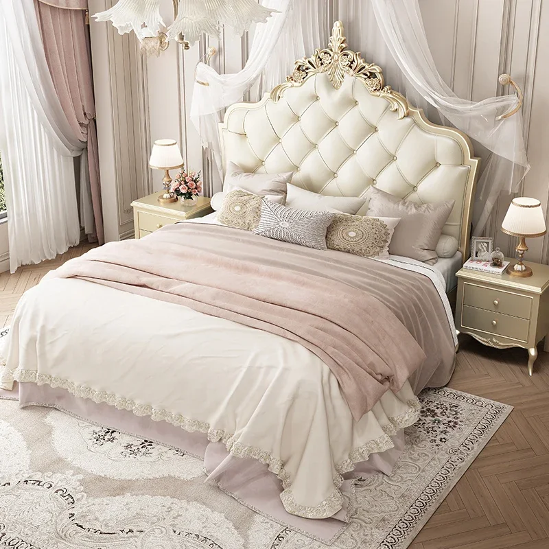 

Wooden Frame Double Bed Headboard Solid Luxury Shelves Twin Queen French Bed Nordic King Size Cama Matrimonial Bedroom Furniture