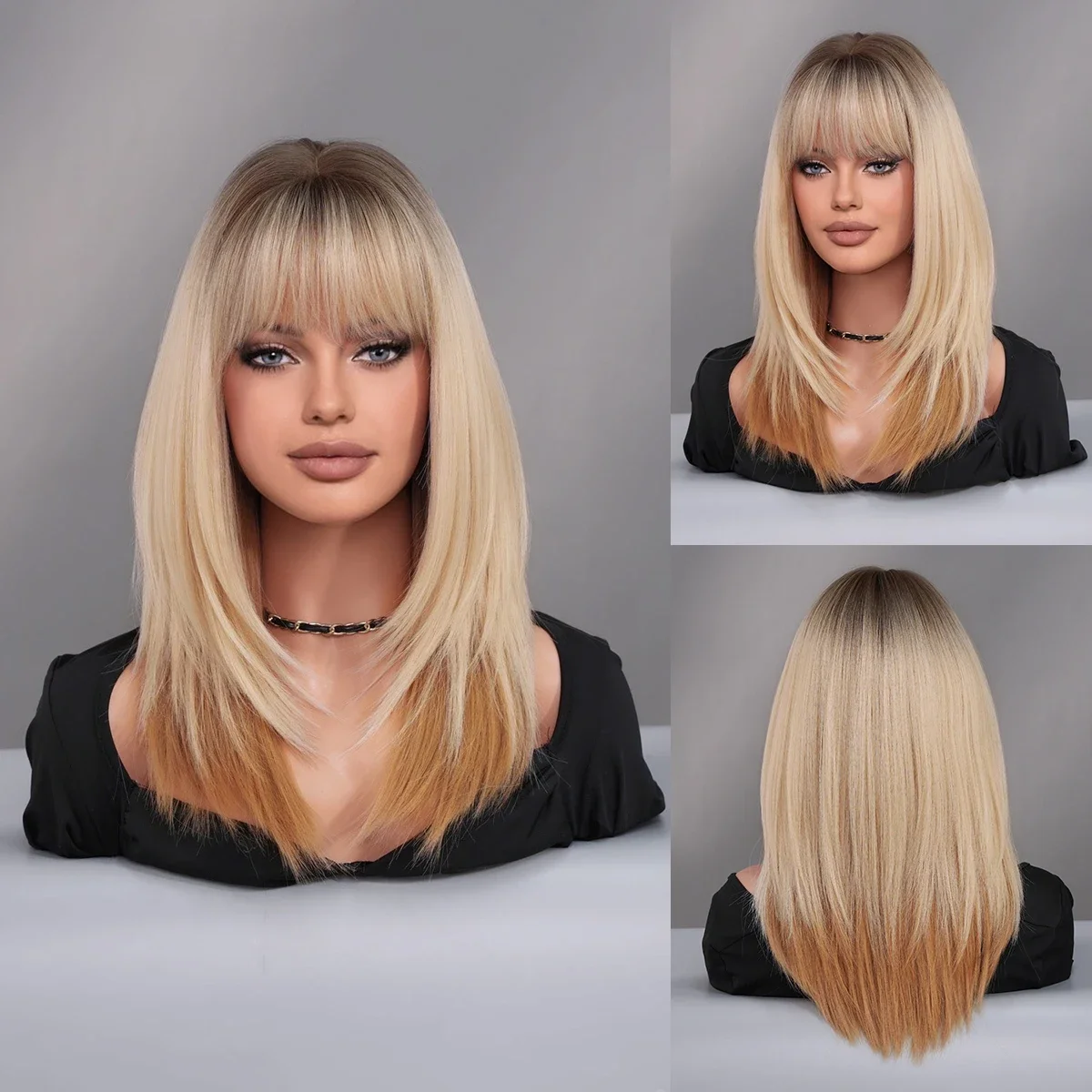 PARK YUN-Peruca de Cabelo Liso Sintético em Camadas com Franja para Mulheres, Fantasia de Natal, Cosplay, Ombre, Loiro, Alta Densidade