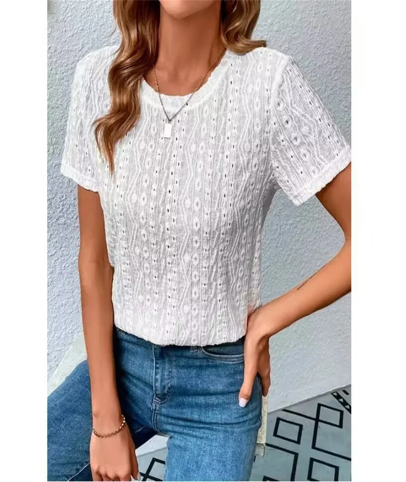 024 Europe and the United States Spring and summer women\'s round-necked casual short-sleeved T-shirt hollow hole blouse