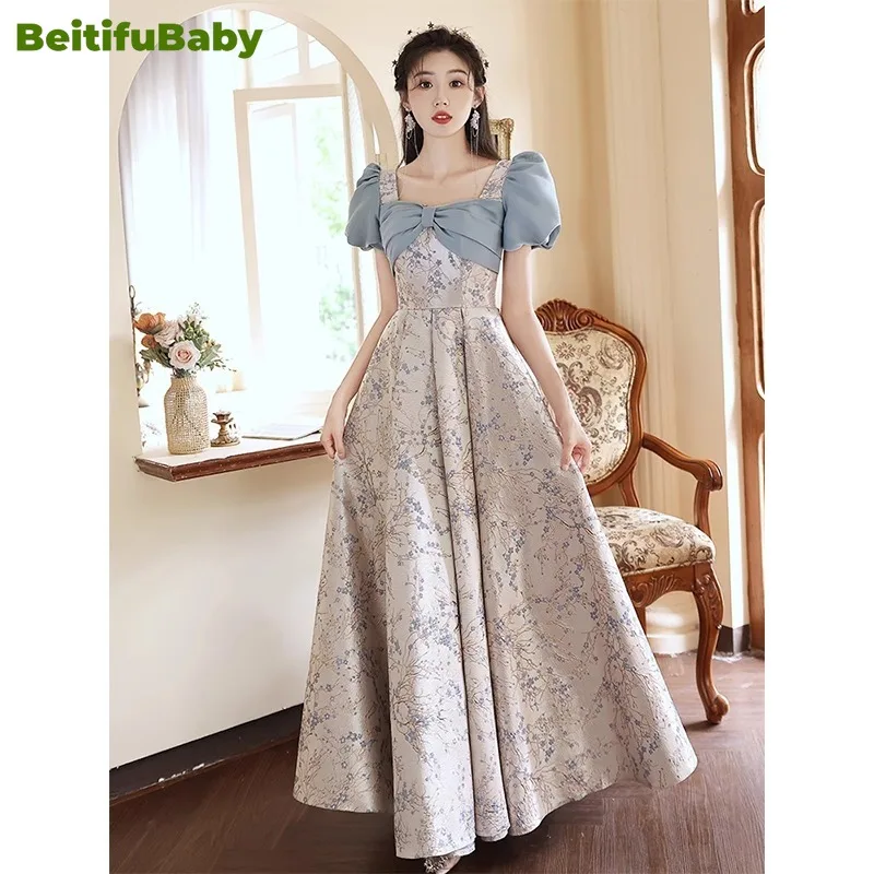 BeitifuBaby Formal Dress for Women Evening Gown Luxury Running Away Princess Style Short-sleeved Printed Vestidos Elegantes