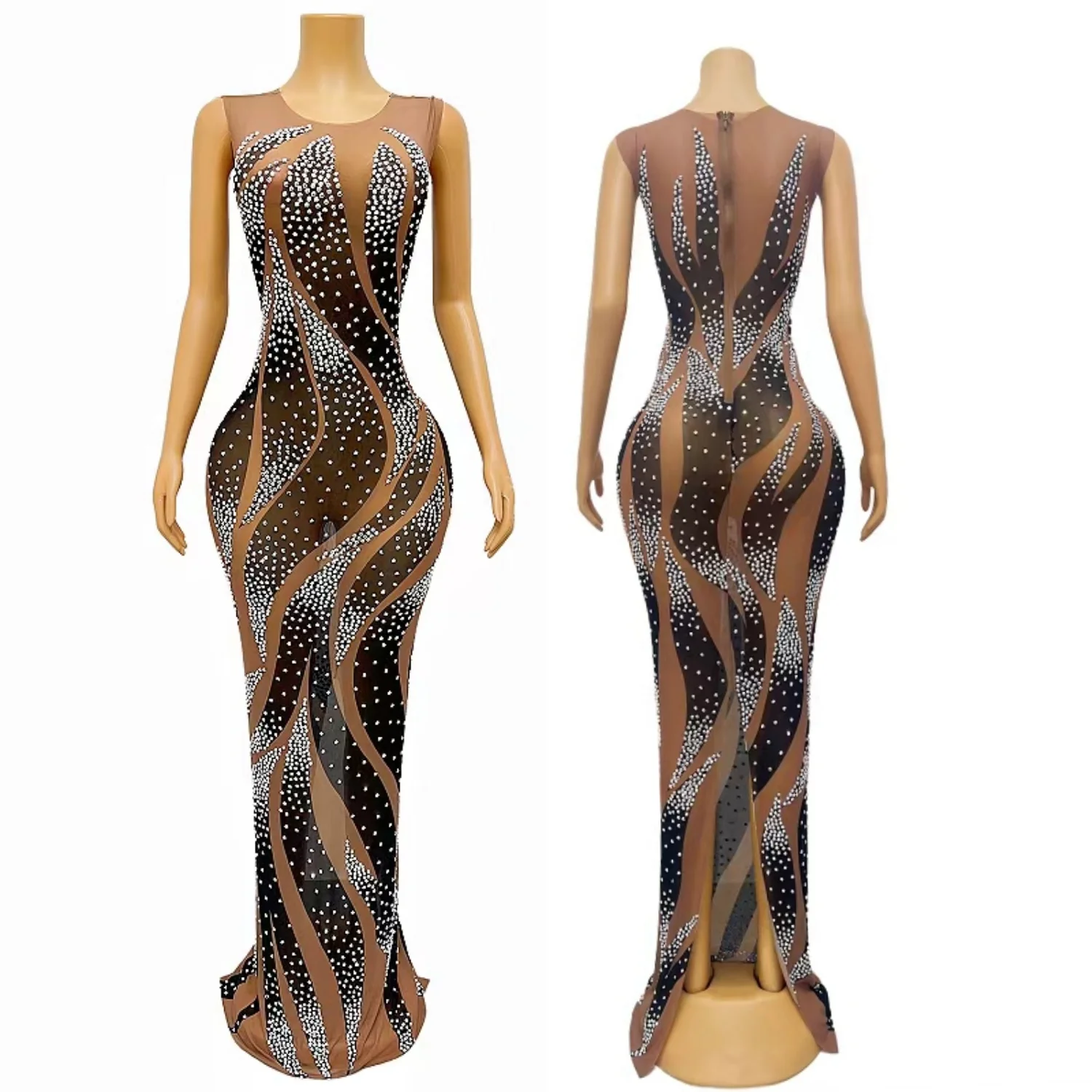 

Women Sexy Couture Sparkly Rhinestone See Through Mesh Evening Gown Birthday Celebrate Prom Photo Shoot Long Dress Xiangweishe