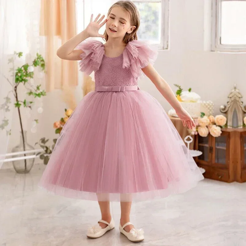 2024 Elegant Princess Lace Dress for Kids Flower Lace Dresses 3-8Yrs Girl Banquet Children Wedding Birthday Party Pink Ball Gown