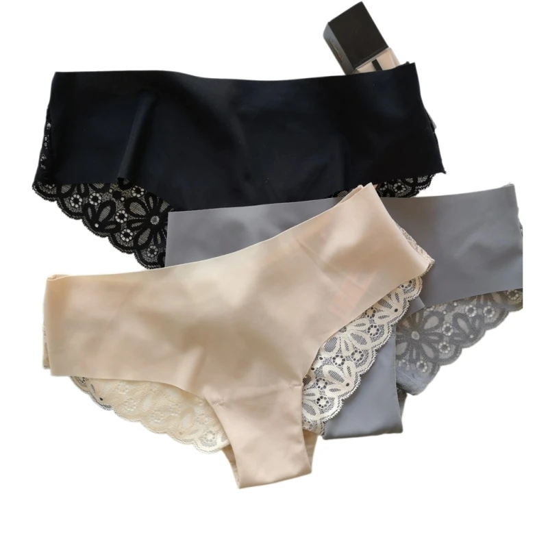 Einfarbige Eisseide-Höschen für Damen, sexy Po-Lifting-Slip mit Spitzenrand, nahtlose Dessous, verführerische Unterwäsche