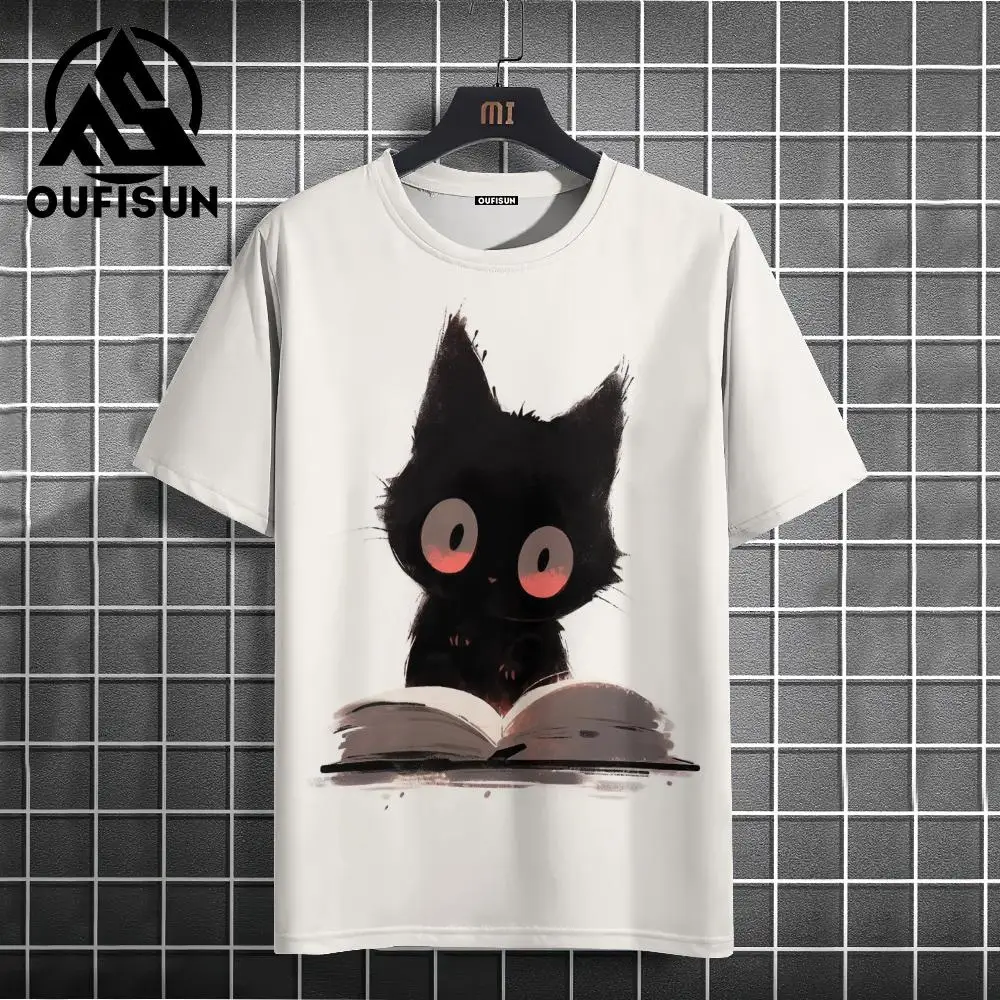 Funny Animal Black Cat Short Sleeve Tees Tops Casual T-Shirt For Men Oversized Streetwear Hip Hop Sweatshirt Men\'s Clothing Xl