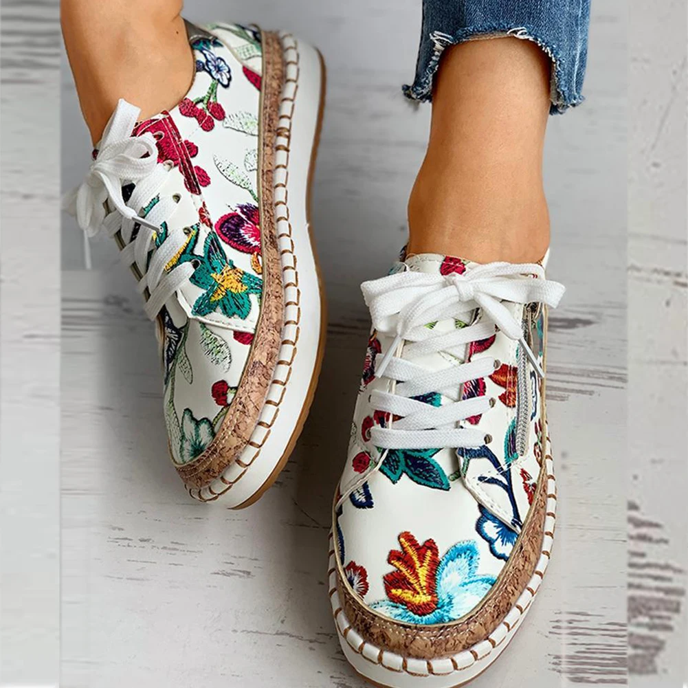 Sapatilhas florais elegantes estampadas com renda para mulheres, sapatos baixos femininos, dedo do pé redondo, sapatos femininos vulcanizados, moda casual, novo