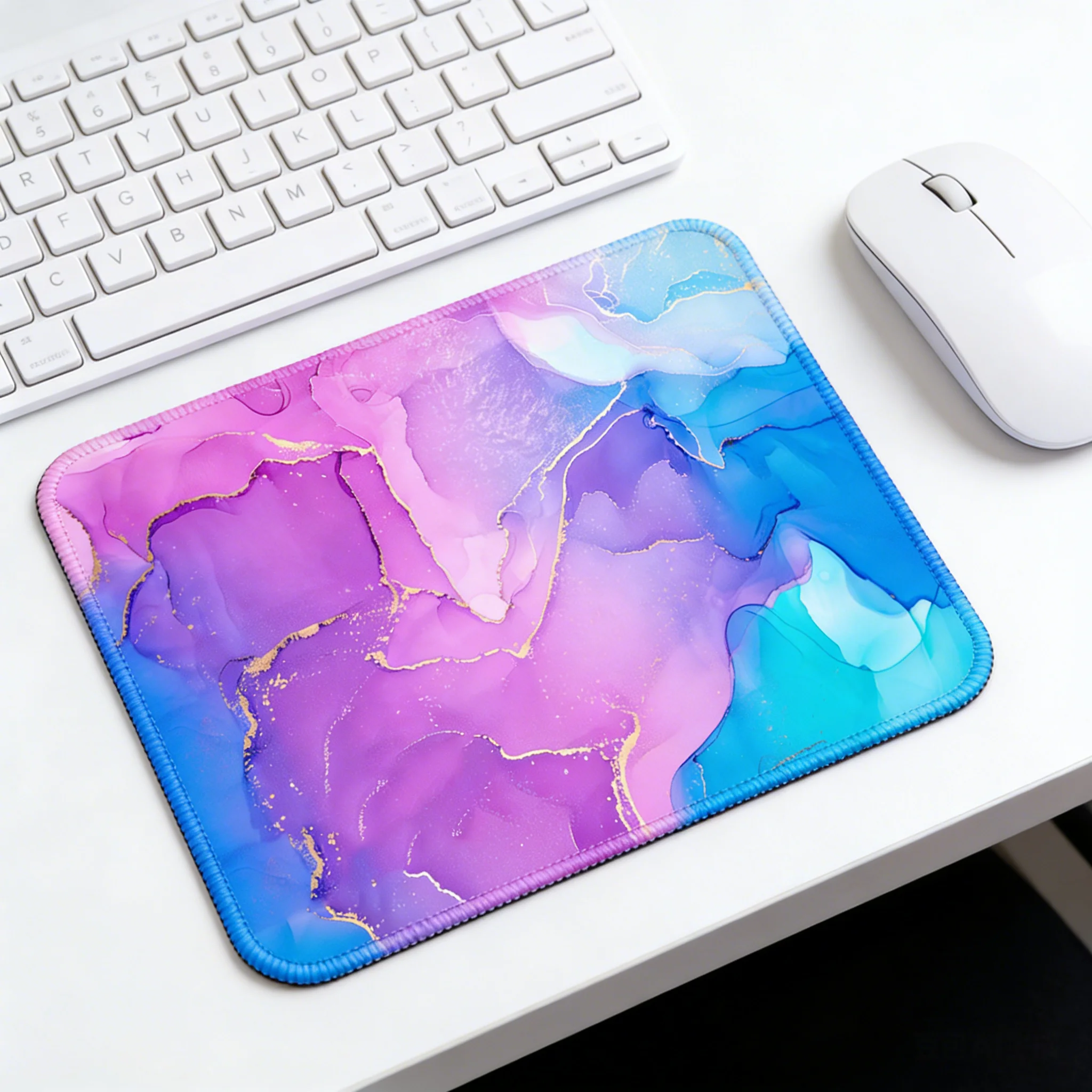 Pink Blue Gold Marble Mouse Pad, Non-Slip Lock Edge Desk Mat, Office Gaming Mousepad for Laptop, Cute Aesthetic Desk Accessories