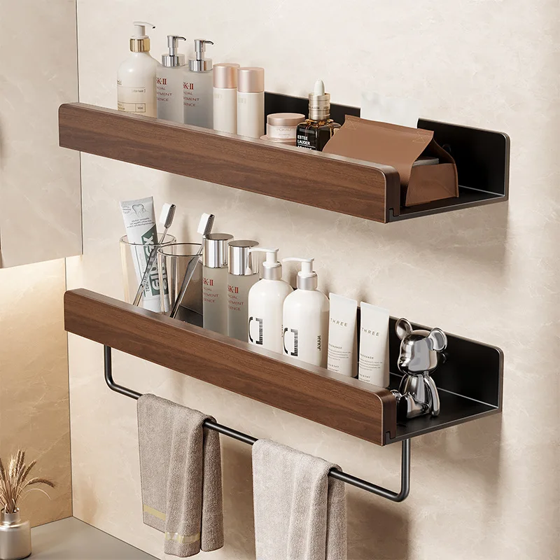 WV Solid Wood Walnut Bathroom Storage Rack Wall-Mounted Shelf No-Drill Installation Bathroom Toilet Washstand Organizer