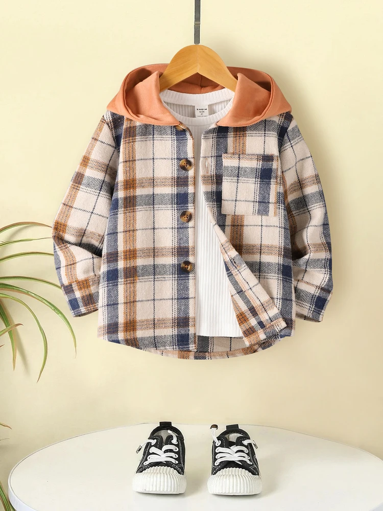 Boy\'s new autumn shirt hooded plaid fashionable fashionable foreign style shirt bottom coat