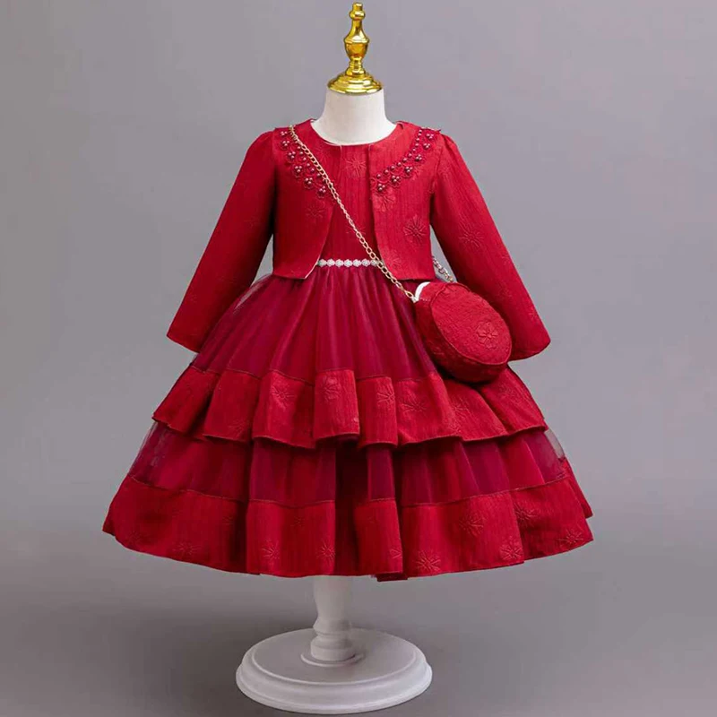 3PS Girls' Spring Dress Long Sleeve Embroidered Printed Cake Puff Skirt Summer Girls' Graduation Ball Evening Dress 2-8 Years Ol