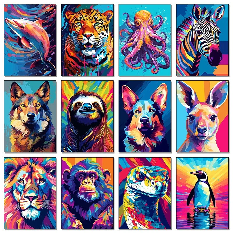 Multiple sizes 1pc frameless Canvas Painting,Colorful Abstract Wild Animals Canvas Painting Lion Monkey Octopus Cat Graffiti Pop