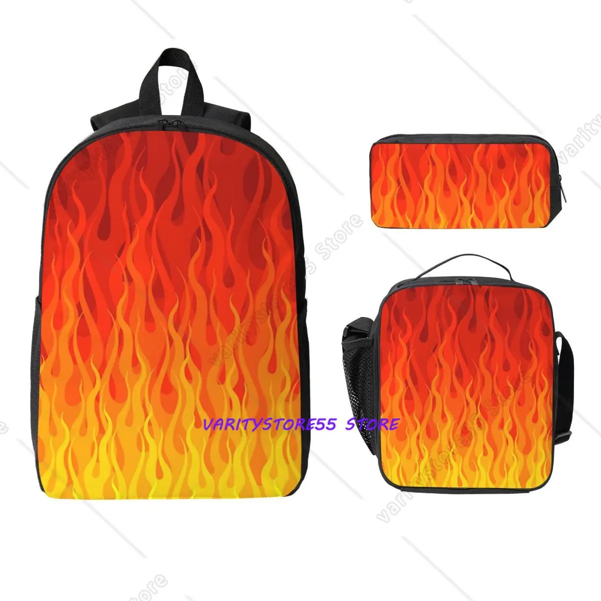 Red Orange Yellow Burning Flame And Fire Backpack BookBag School Bag Computer Shoulder Bags 3ps Insulated Lunch Bag Pencil Case