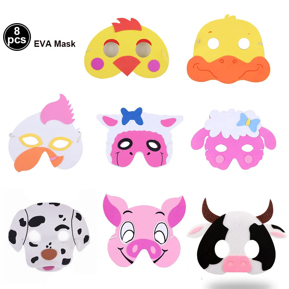 8PCS Farm Animal EVA Mask Set Chicken Sheep Cow Pig Masks Farmhouse Theme Birthday Party Gifts Costumes Dress-up Party Supplies