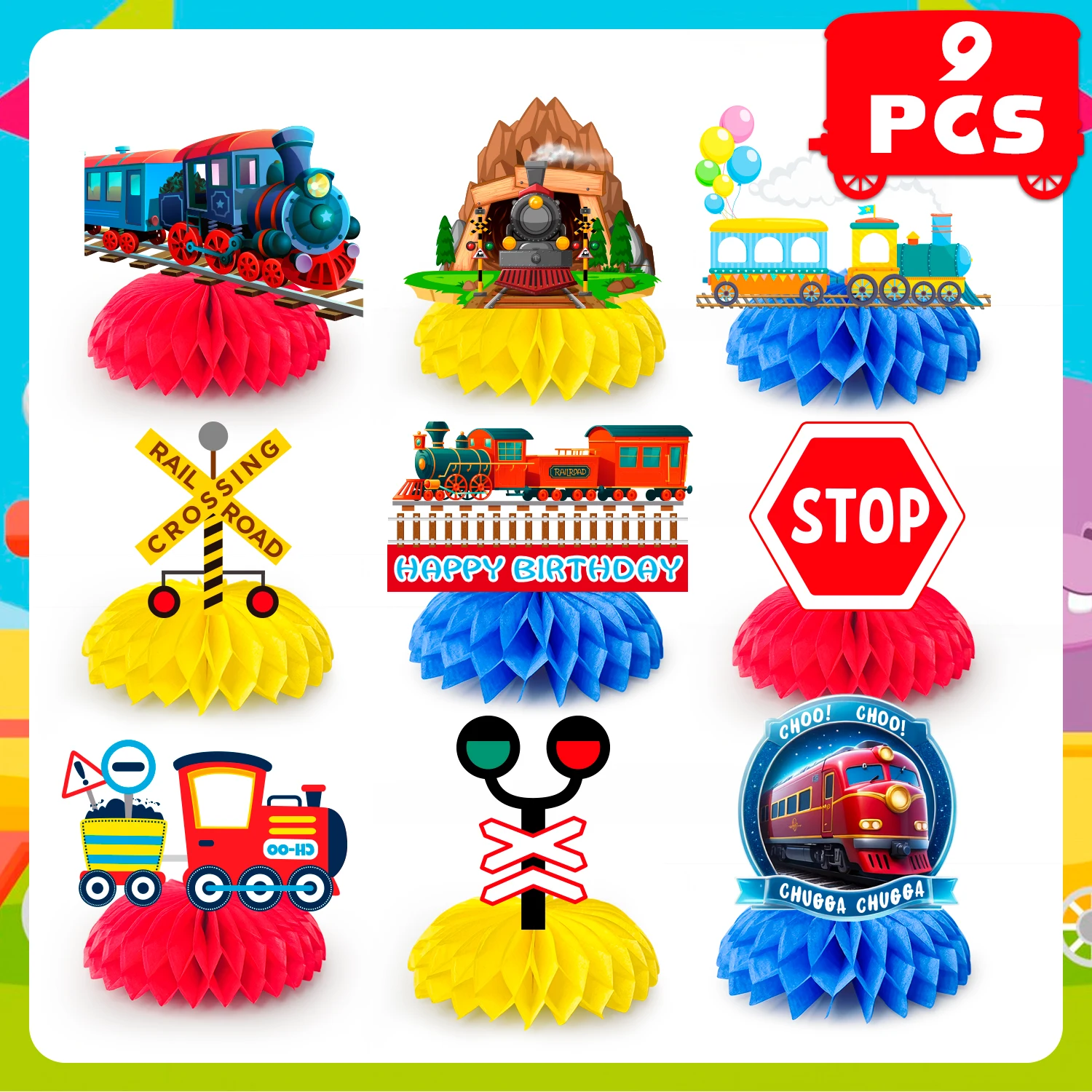 Railroad Train Honeycomb Centerpieces,9pcs Railway Train Party Centerpieces&Railroad Crossing Sign Decoration for Kids\' Party