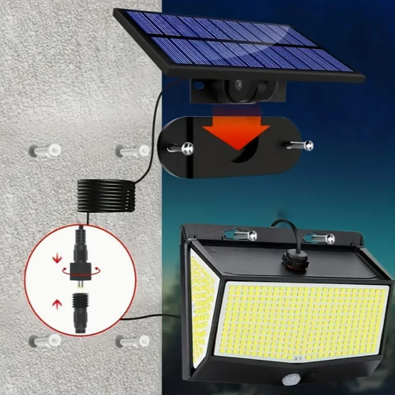 

Солнечный светильник с датчиком движения 468LED, раздельная солнечная панель, водонепроницаемый, настенный, на солнечной энергии, 3 режима, для гаража, патио