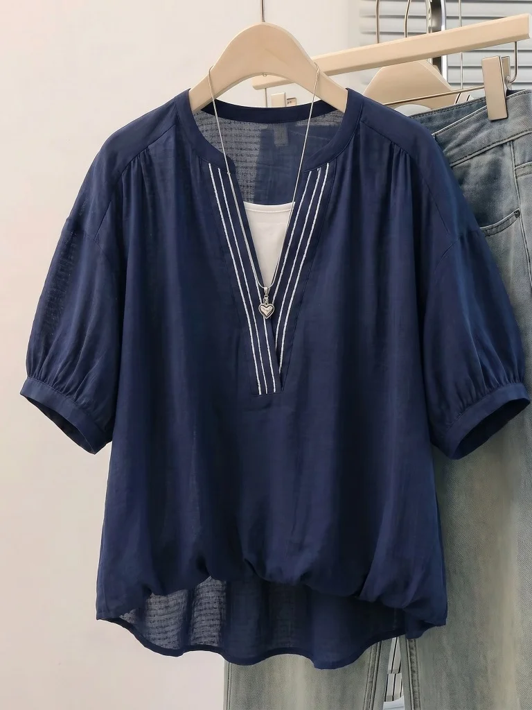 

Slim Fit Short Sleeve Blue Shirt Korean Style Commute Wind Loose Version Regular Material Summer New Arrival plus Size Women