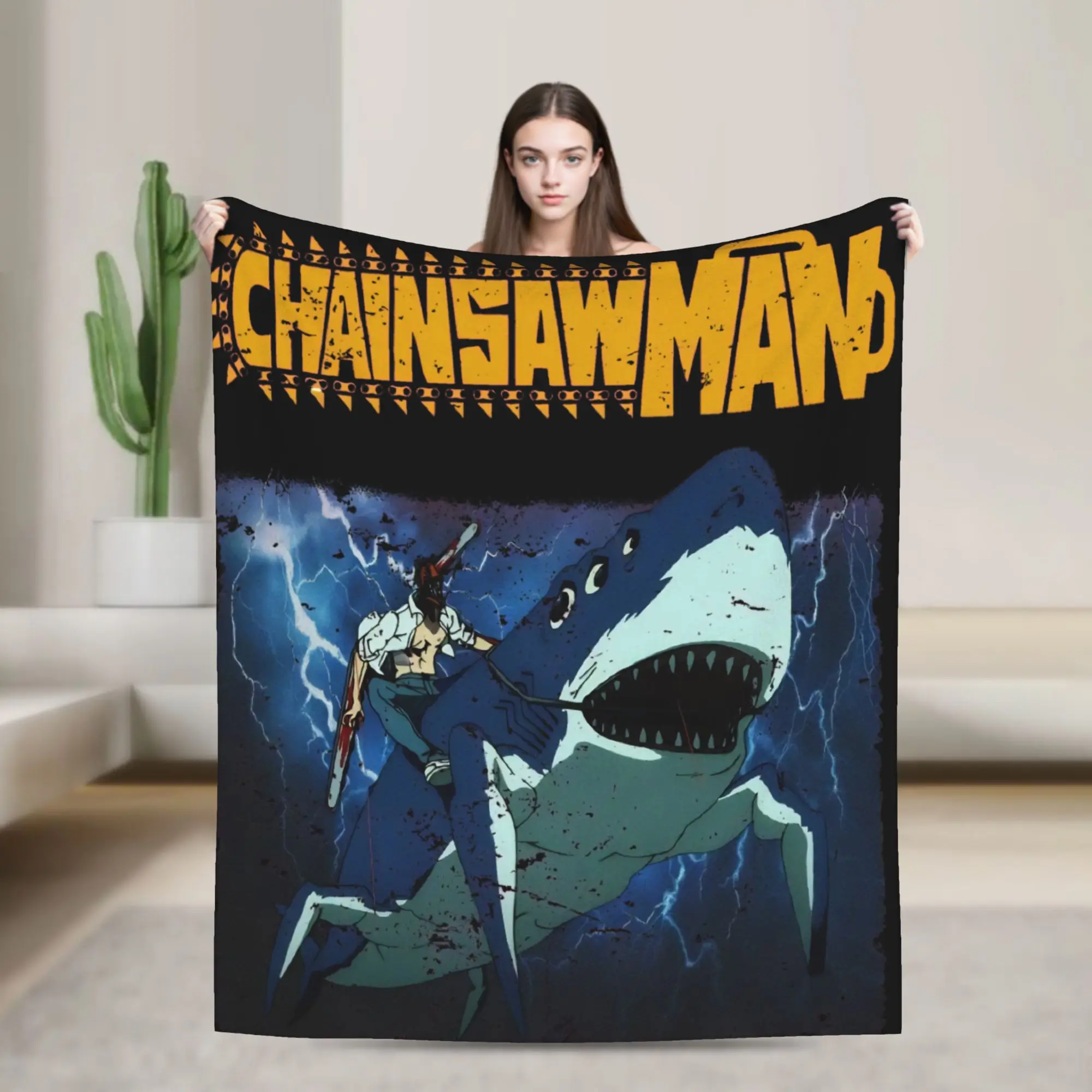 Chainsaws Man Denji Riding Beam Blanket  Soft Warm Print Throw Blanket For Living Room Travel Flannel Bedspread Bed Cover