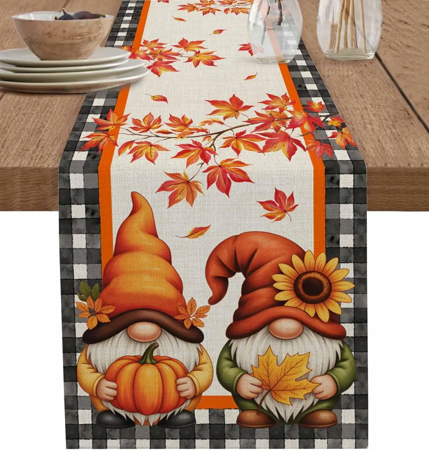 Autumn Gnomes Pumpkins Linen Table Runner Holiday Party Decor Fall Sunflowers Maple Leaves Table Runners for Kitchen Table Decor