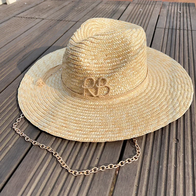 

Women's Large Wide Brim Straw Hat with Chain Decor UV Protection Elegant Bohemian Summer Beach Vacation Fedora Sun Hat