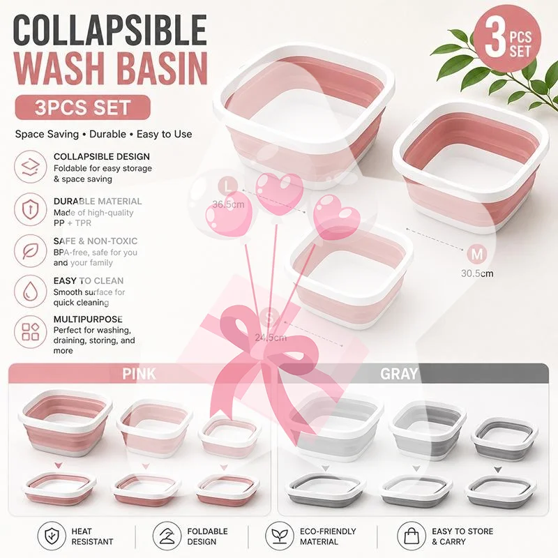 Folding Portable Wash Basin 3Pcs Set Multifunctional Waterproof Collapsible Sink for Bathroom Laundry Camping