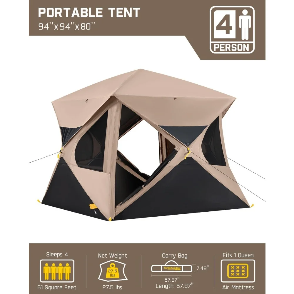 Pop-up camping tent, set up in 60 seconds with rain fly and wind protection for outdoor camping and backcountry travel.