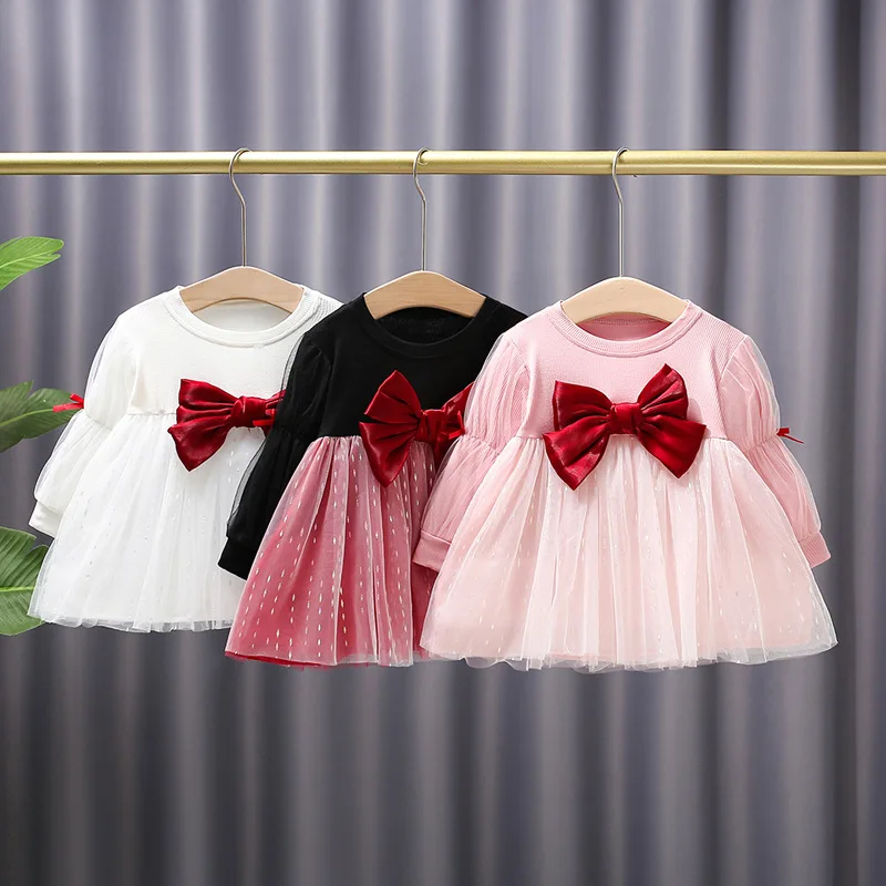 Spring and Autumn Princess Dress Girls Mesh Bowknot Long Sleeve Dress Cute Tutu Skirt Kids  Outfit