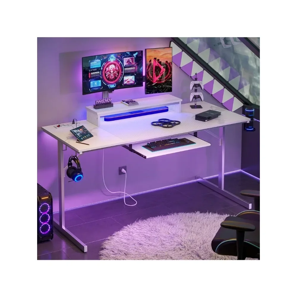 

63 Inch Gaming Desk with LED Lights & Power Outlets Computer Desk with Laptop Stand & Keyboard Tray Modern PC Desk