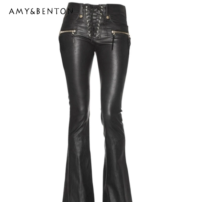 

European American Gothic Street PU Leather Zipper Low Waist Women's Bell-bottoms New Sexy Hot Girl Tight Strap Long Pants Ladies