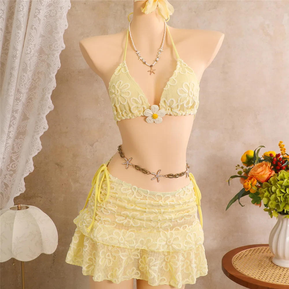 Sexy Halter String Triangle 3 Piece Bikini Set Mini Skirts Yellow Flower Embroidery Swimwear Micro Thong Swimsuit Women 2026