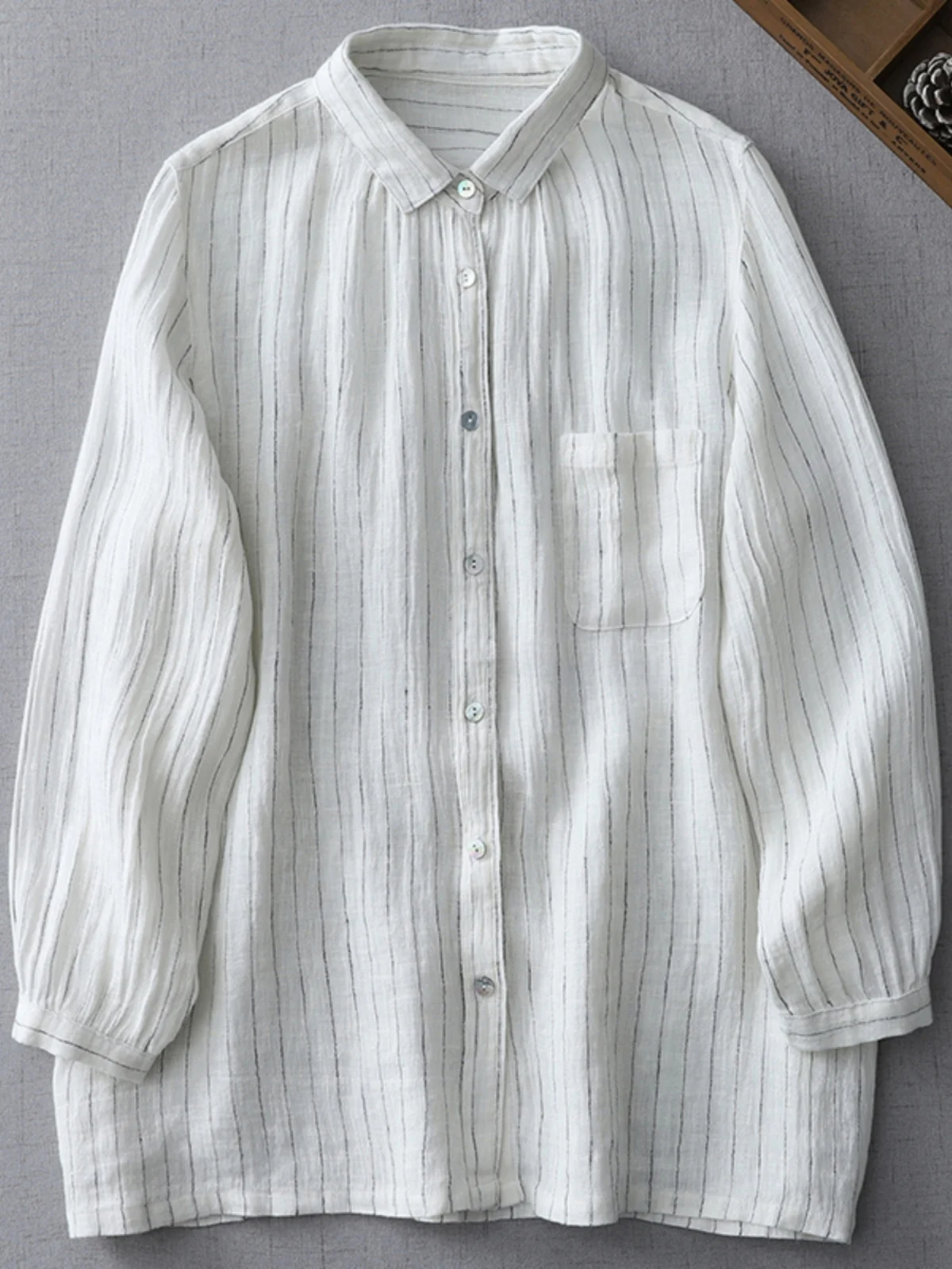 

Retro Japanese Sle Striped Cotton Linen irt Women's Spring Autumn Commute Casual Long Sve Single ket Loose Fit Top